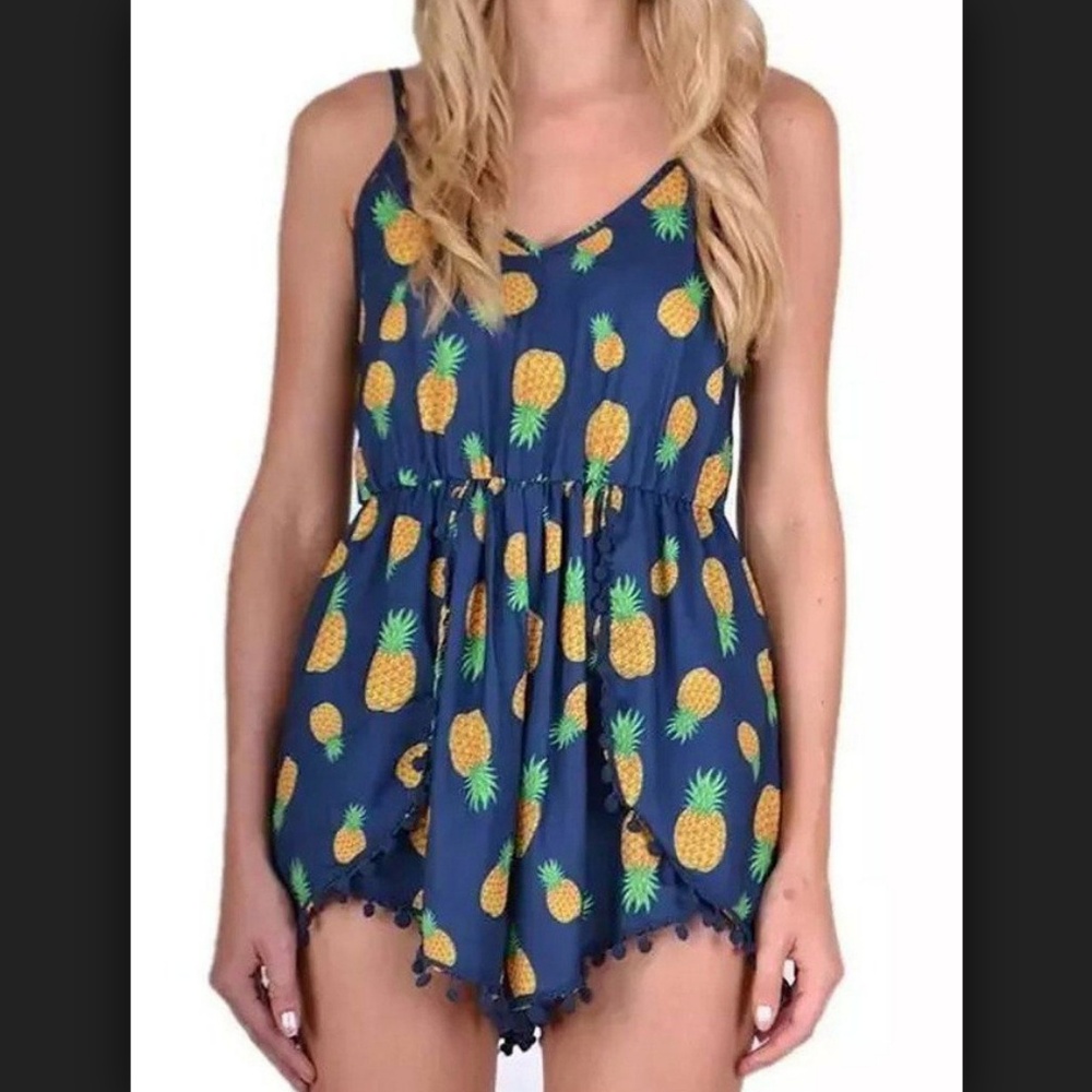 Persun Navy Blue Pineapple Tassel Hem Romper